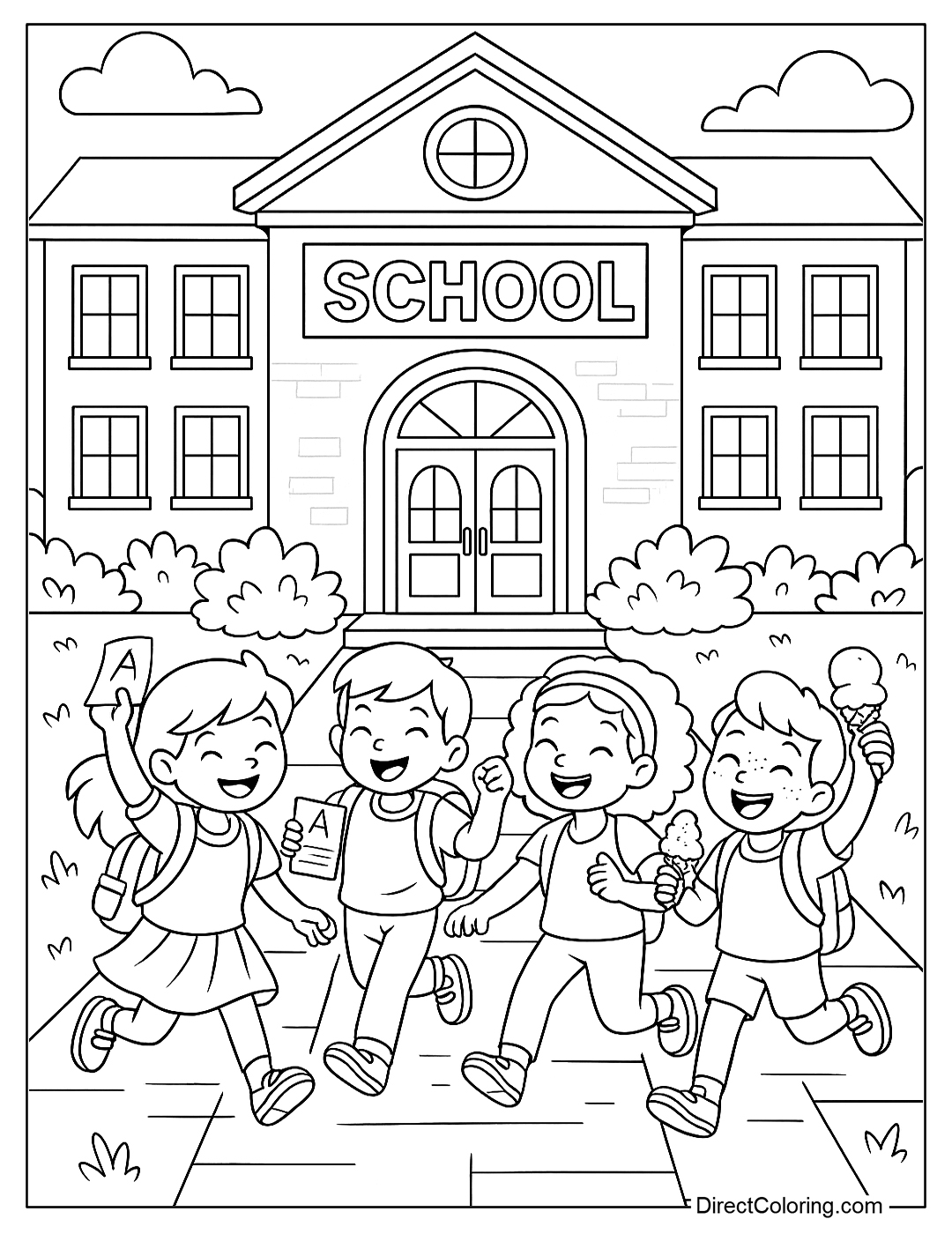 A last day of school coloring page showing a school building with kids running out, holding report cards and ice cream cones